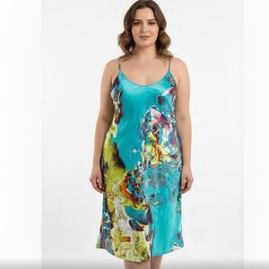 NATORI Women's‎ Slip Nightgown Dress Turquoise Floral Abstract Print Satin Large